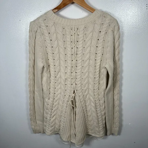 Cabi Womens Sweater‎ Small Cable Knit Corset Tie Back Style 3157 Ivory Cream - Image 13