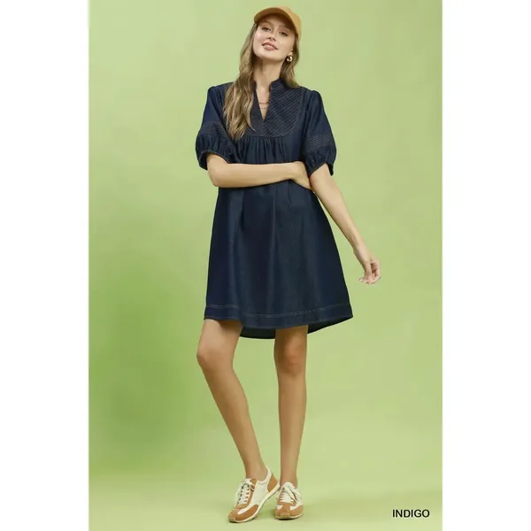 Umgee Notched Puff Sleeve Mini Dress‎ with Pockets - Small - Image 5