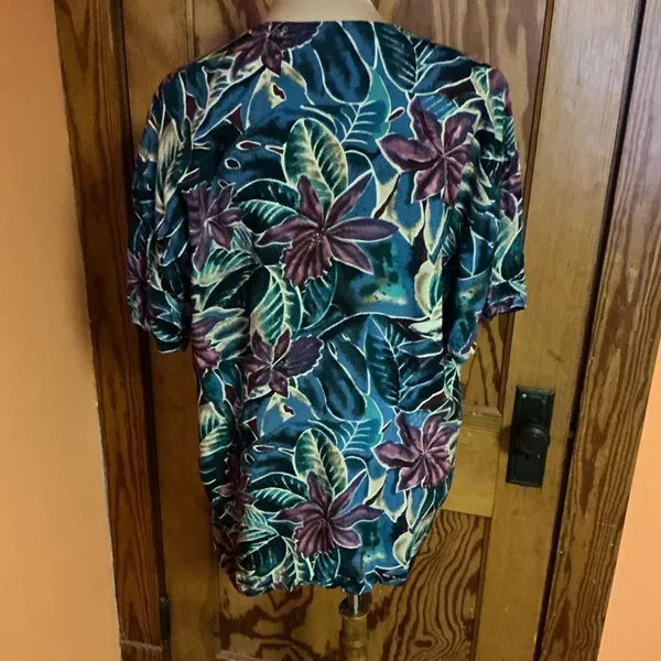 Vtg 80s Bright Tropical Flowers Blouse Blue Size L - Image 10