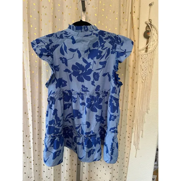 Umgee Blue Floral Flutter Sleeves Ruffle Self Tie Tiered Babydoll Blouse Top M - Image 4