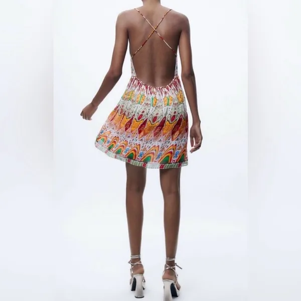 ZARA Geometric Print Straight Neck Strappy Embroidered Short Dress Size‎ Small - Image 10
