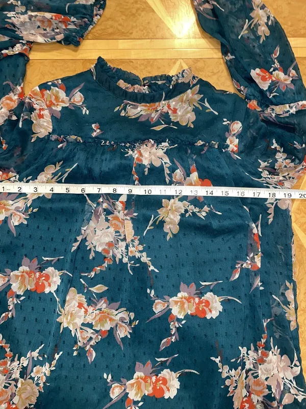 Japna Floral Boho Semi Sheer Mock Neck Bell Sleeve Peasant Dress Size Medium - Image 8