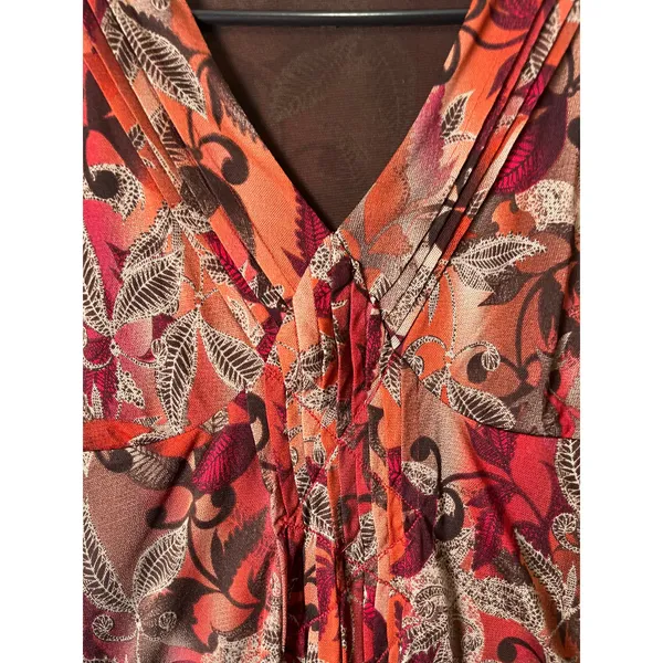 Vintage Boho Floral Top Brown Orange Leaf Print V Neck Cap Sleeve Fall Blouse MD - Image 2
