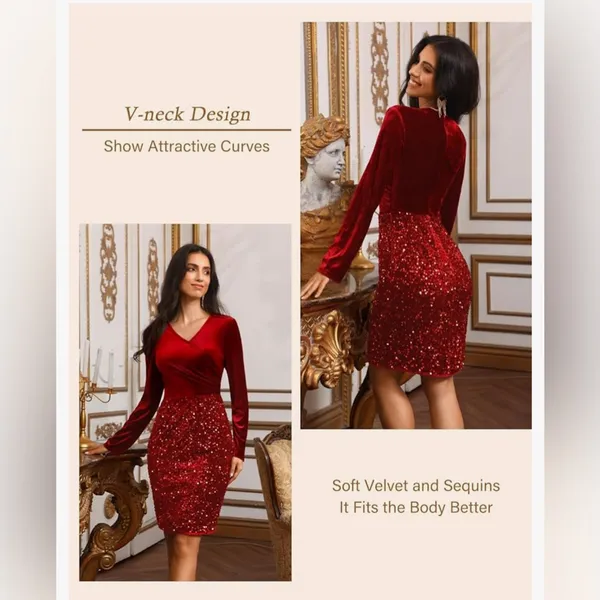 NEW Velvet Sequin V Neck Long Sleeve Winter Dress Holiday Christmas Dress S - Image 2