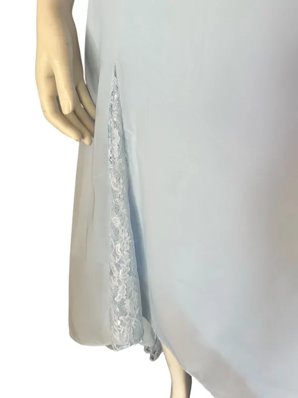 Chiffon V-Neck High-Low Midi Dress with Ruched Bodice & Lace Accents Blue Size 8 - Image 4