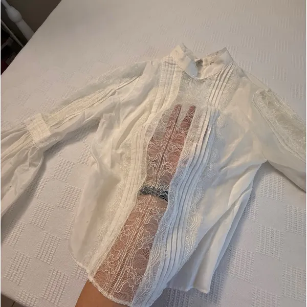 Chico's WHBM Sheer Cream Lace Pirate Blouse Boho Festival Poetic Top S Cotton‎ - Image 6