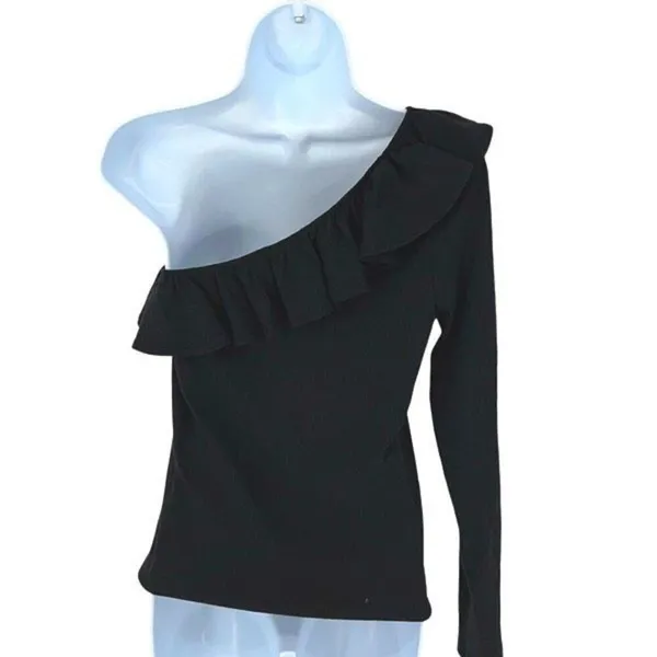 J.Crew Womens Ribbed Ruffled Neck One Shoulder Top Blouse Black‎ Size Medium NWT - Image 5