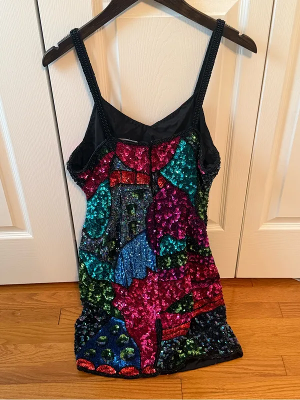 Vintage 100% Silk Sequin Colorblock Mini Dress - Image 3