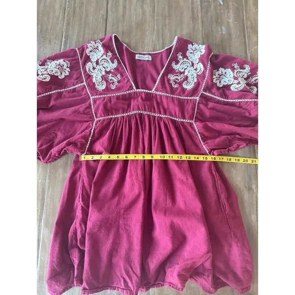 St. Roche Boho‎ Peasant Tunic Dress M Burgundy Embroidered Organic Cotton India - Image 3