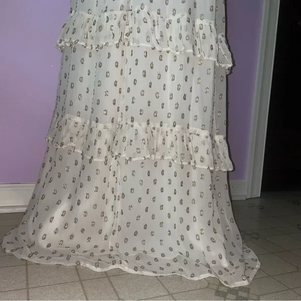 NEW En Creme Maxi Dress M Boho Metallic Polka Dot Cutout Ruffle Tiered - Image 11