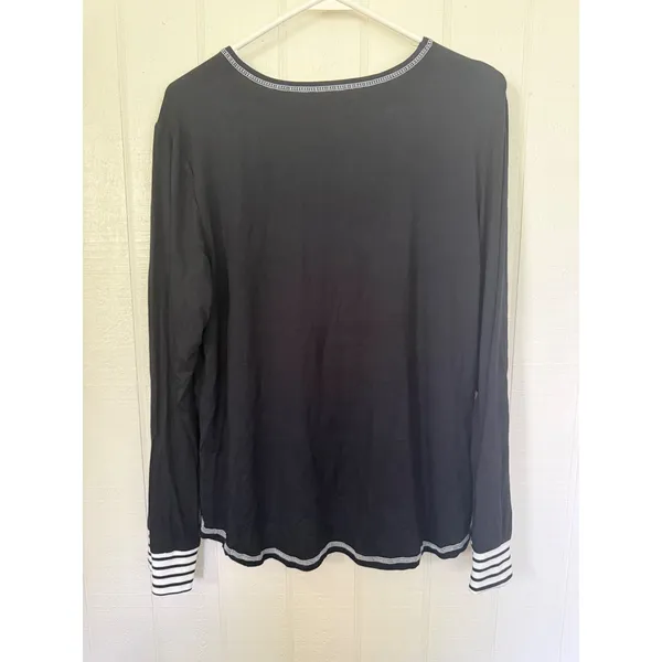 SWOMOG Womens Black Long Sleeve Pajama Top Striped Pocket Cuffs Sleep Shirt L - Image 3