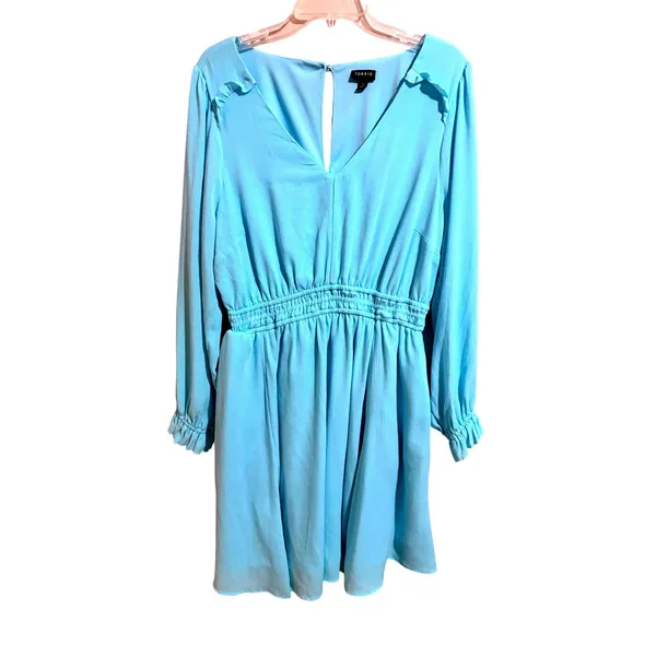 Torrid Mini Dress1X Blue Excellent Smocked Waist V-Neck‎ Ruffle Long Sleeve - Image 2