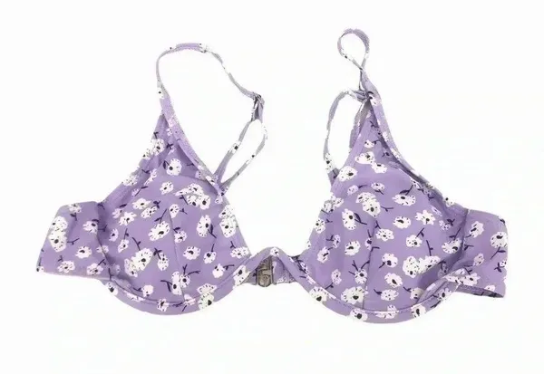 Floral Lilac Two Piece Deep Plunge Bikini Top High Waisted Bottoms Womens Medium - Image 4