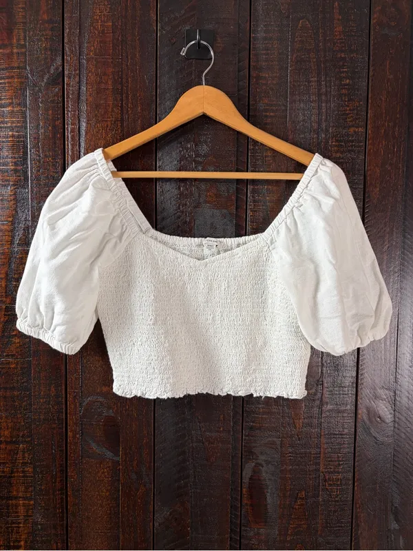 American Eagle Cotton Linen White Puff Sleeve Smocked Crop Top - M - Image 2