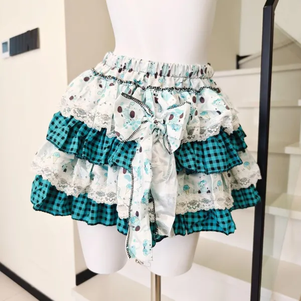 Plaid Print Tiered Ruffle Mini Skirt Lace Trim Bow - Image 2