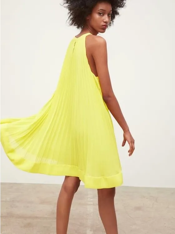 ZARA Pleated Halter Neck Sleeveless A-Line Mini Dress Yellow Sz XS - Image 2