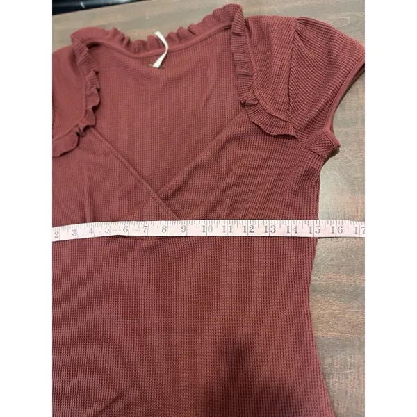 Free People Dress Medium Midi Burgundy V-neck Ruffle - Image 4