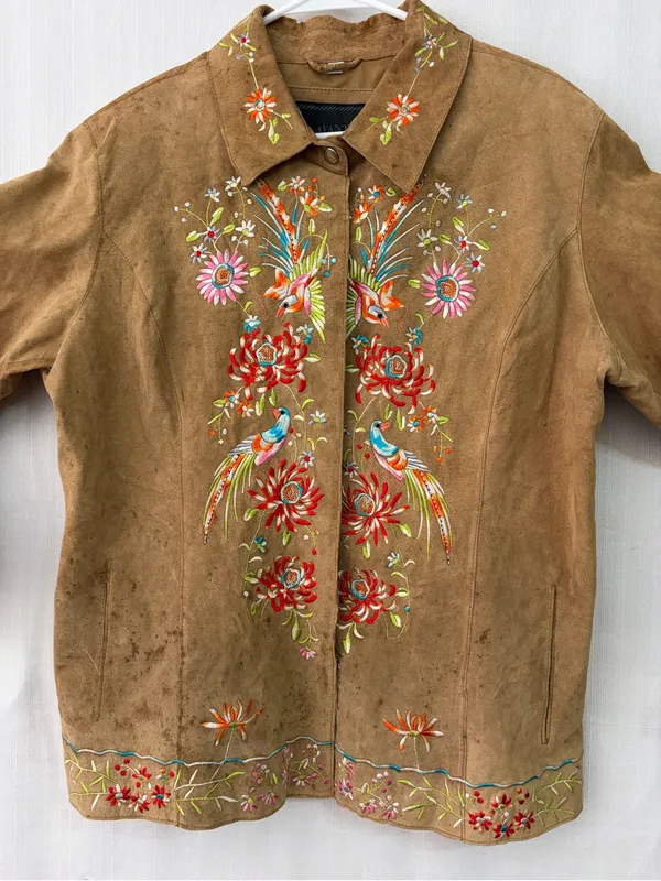Avanti New York Embroidered Suede Jacket Birds Flowers Brown women’s size XL(C64 - Image 3