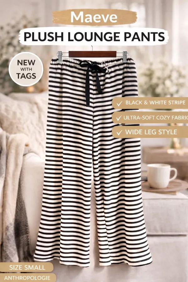 NWT MAEVE Plush Lounge Pants S Black White Stripe Wide Leg Cozy Soft Pajama - Image 5