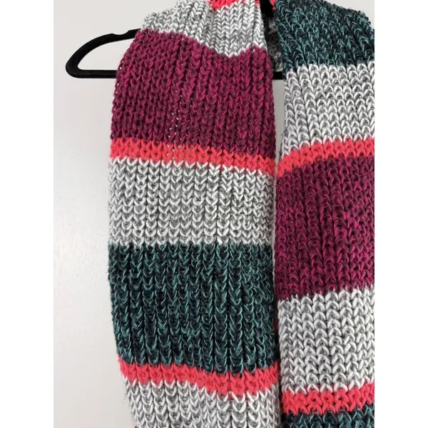 American Eagle Striped Infinity‎ Scarf Chunky Ribbed Knit Burgundy Grey Pink OS - Image 2