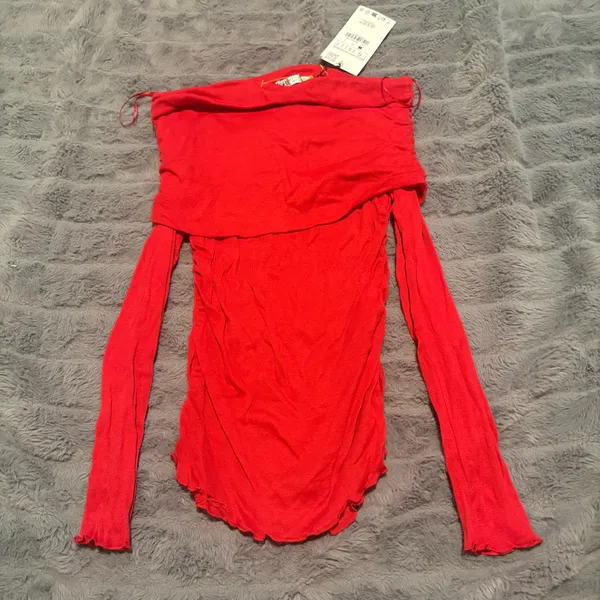 Zara Red Off Shoulder Ruched Mesh Long Sleeve Top Sheer Fitted NWT Small - Image 8
