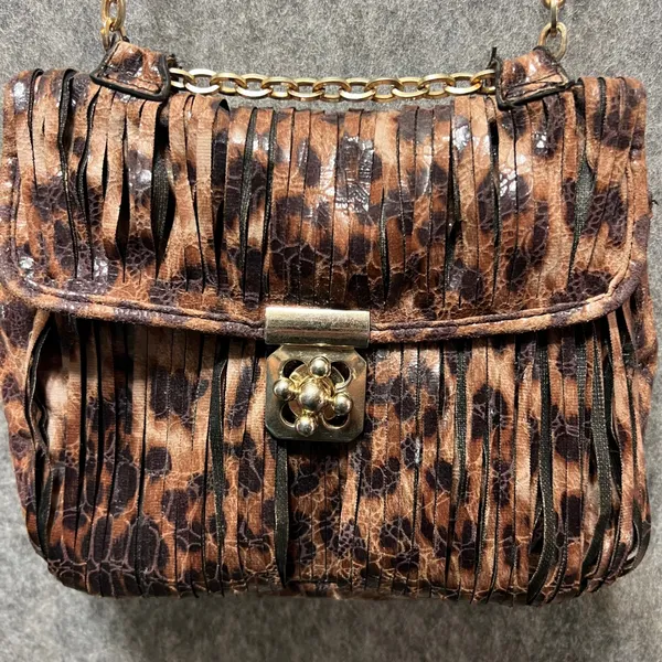 Chico's Animal Print Crossbody Bag Chain Strap Purse Faux Leather Fringe‎ - Image 2
