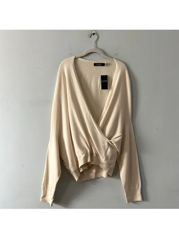 NWT Lauren Ralph Lauren Surplice Asymmetric‎ Winter Cream Cotton Sweater - Image 4
