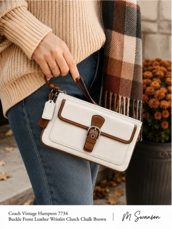 Vintage Coach Hampton 7734 Buckle Front Leather Wristlet Clutch Chalk Brown - Image 7