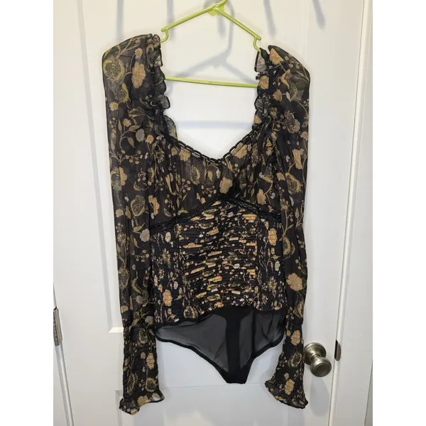 Free People Size S Brunch Date Smocked Floral Bodysuit Puff Sleeve Bohemian - Image 3