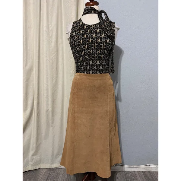 Anonymous John Carlisle Tan Suede Leather A-Line Midi Skirt Size 14‎ Camel Brown - Image 3