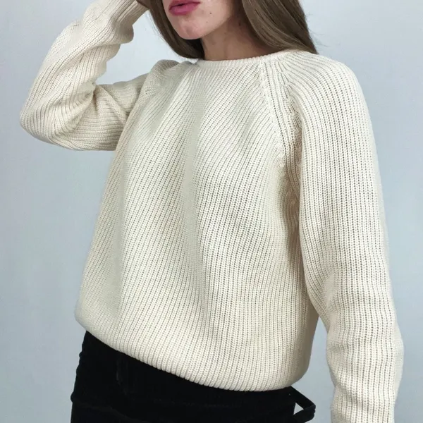 Vintage Raglan Crewneck Pullover Knit Sweater in Cream | Size M - Image 3