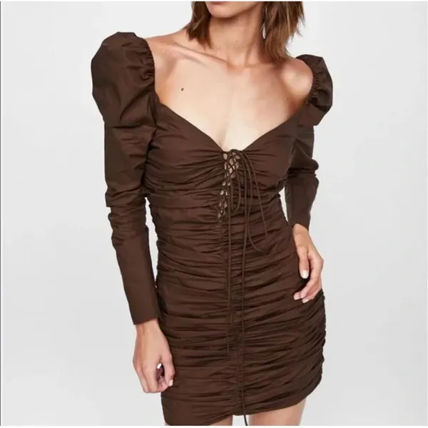 🔥5/$25 sale🔥 Zara Brown Long Sleeve Puff Sleeve ruched Body con Dress Size S - Image 2