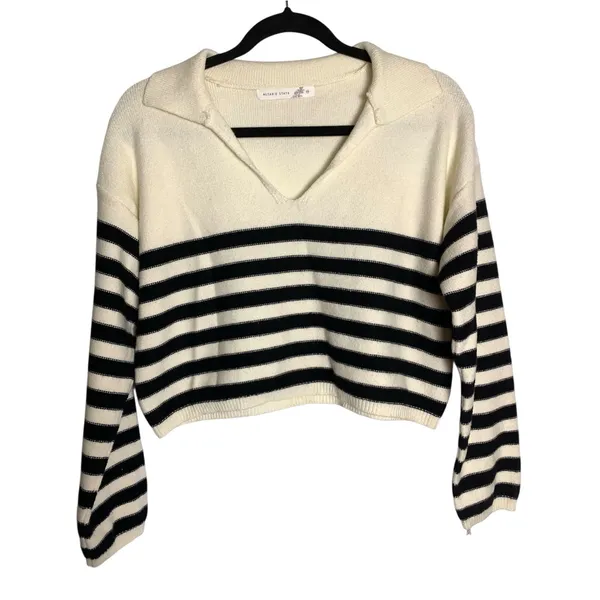 Altar’d State Sweater Womens XS Ivory Black Stripe Collared Coastal Preppy Knit - Image 2