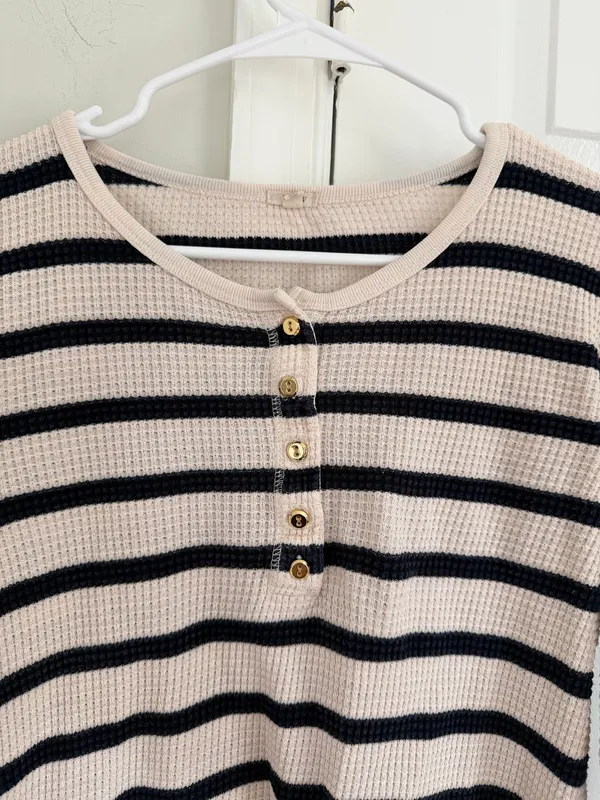J. Crew Womens Waffle Thermal Henley Top Shirt Striped Blue Ivory Gold Button M - Image 5