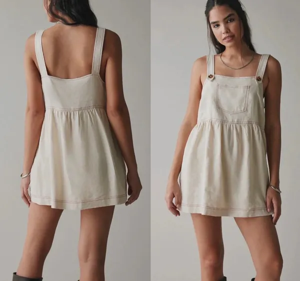 Anthropologie NWT ReMADE By UO Made In LA EcoVero™ Cream Linen Shortall Button-Straps Dress S - Image 2