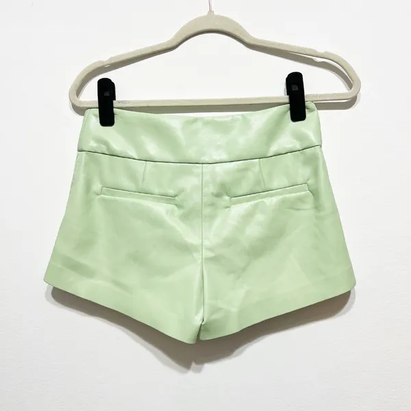 Alice + Olivia Faux Vegan Leather High Waisted Mini Shorts Soft Green 2 - Image 4