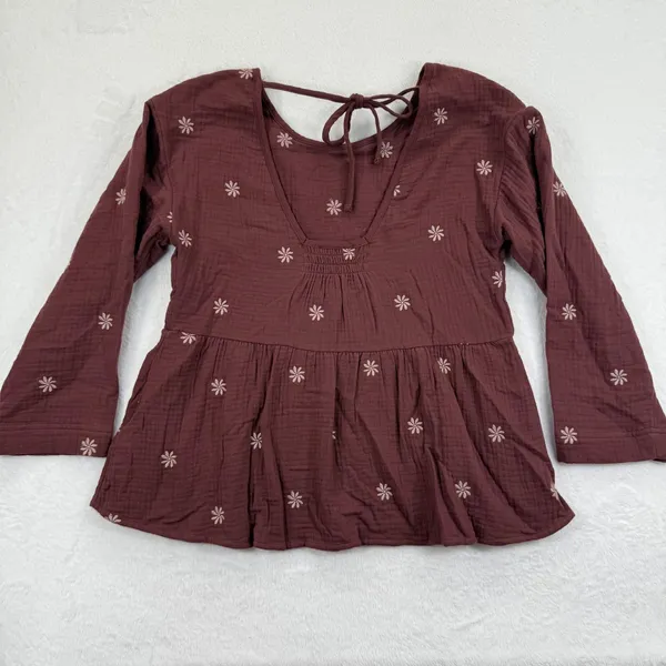 Madewell Embroidered Floral Peplum Top Gauze Tie‎ Back Maroon Womens Size S - Image 9