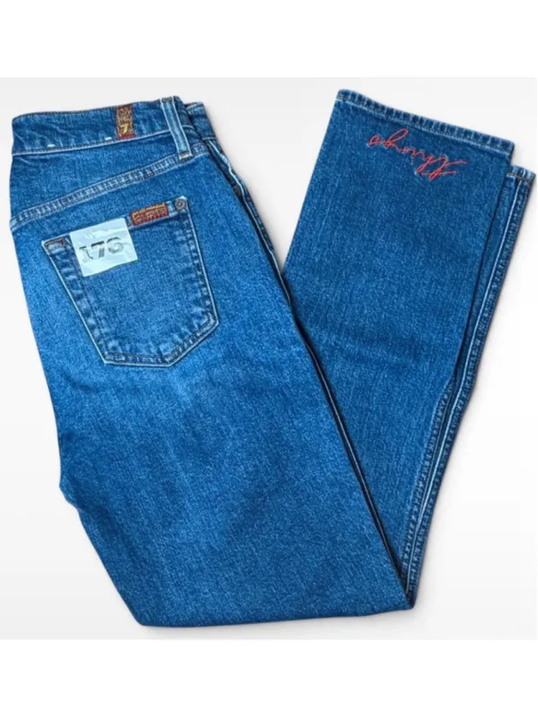 Women's 7 For All Mankind Straight Leg Jeans Size 28 Blue Red Embroidered - Image 3