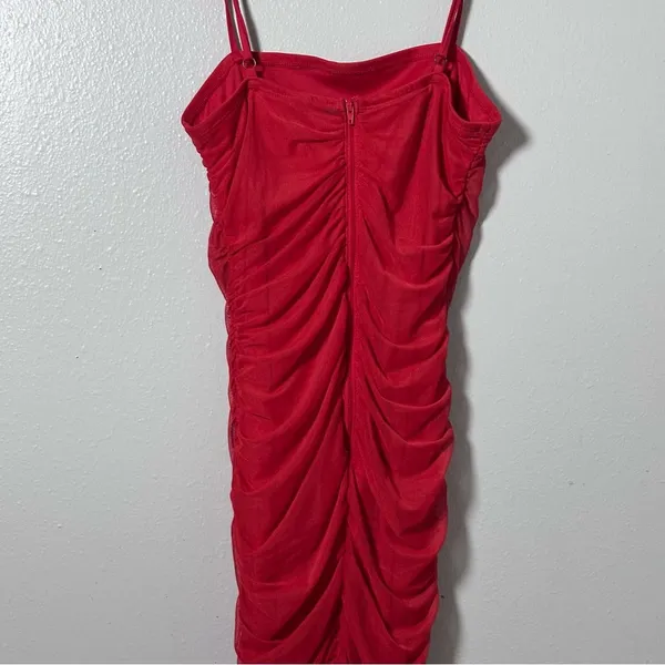 Wild Fable Women Elegant Red Spaghetti‎ Strap Dress Ruched Mesh Dress Sheer M - Image 9