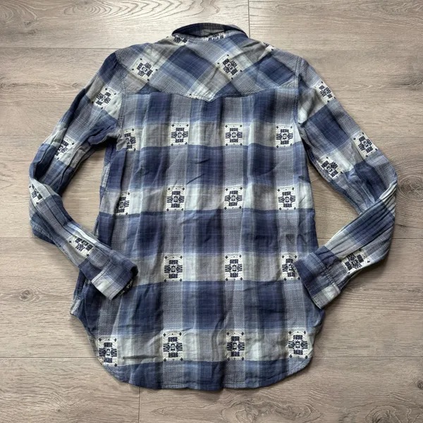 American‎ Eagle Outfitters Boyfriend Fit Plaid Western Flannel Shirt Blue XSmall - Image 2