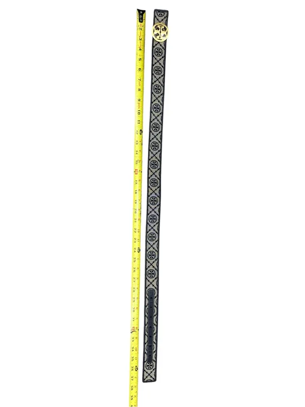 Tory Burch Black and Beige Logo Web Belt with Gold Medallion Buckle Size Small - Image 7
