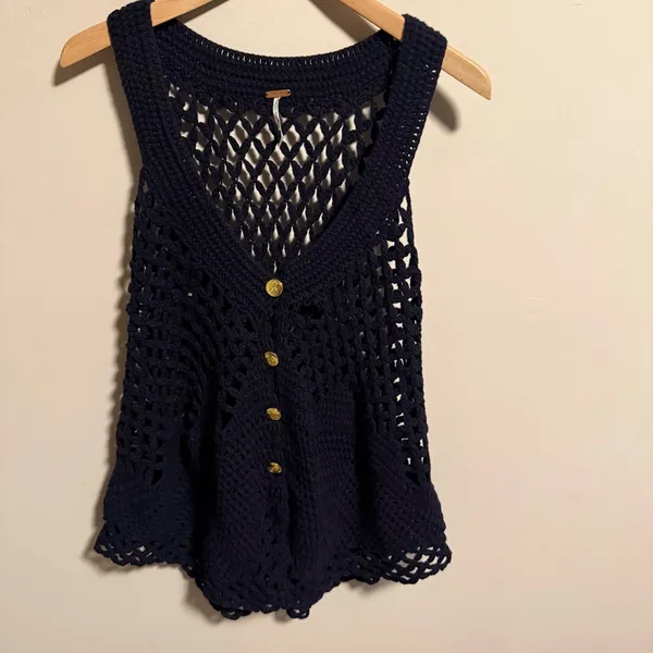 Free People Boho Vest Knit Cardigan Black Knit Gold Buttons- Size XS - Image 3