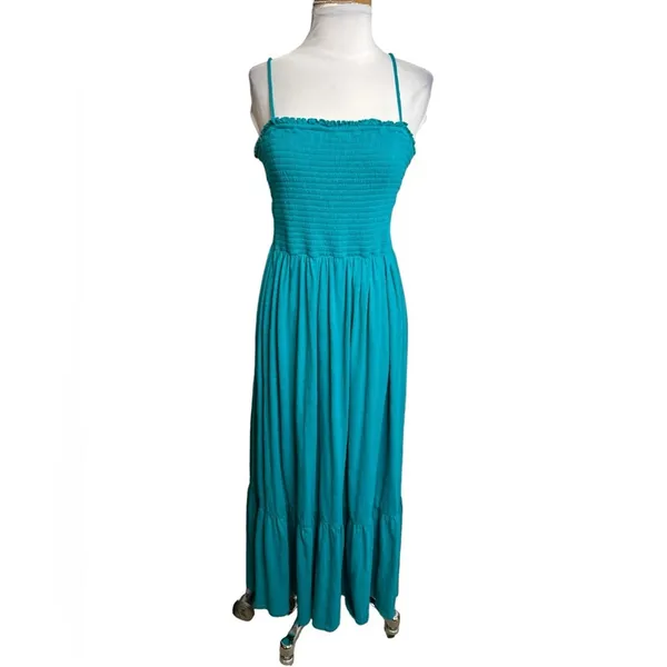by‎ Anthropologie smocked bodice flounce hem maxi dress turquoise blue Sz XS - Image 3