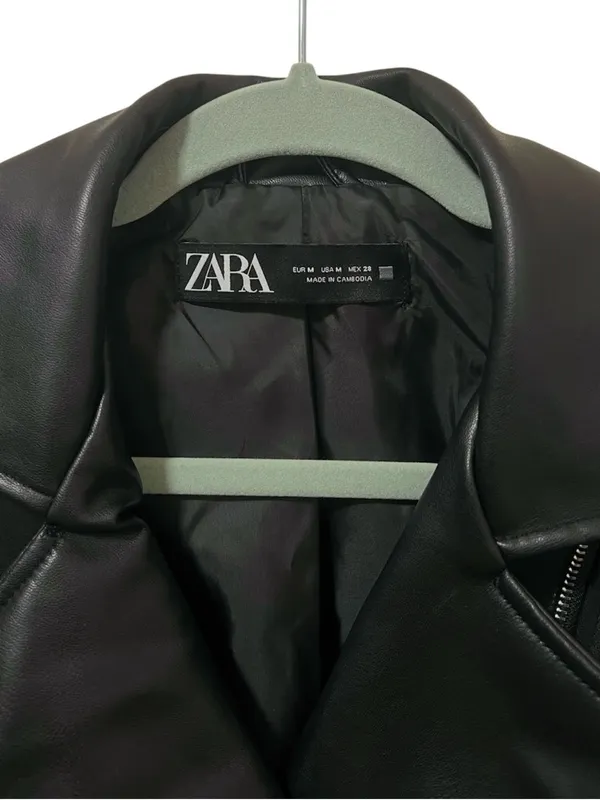 Zara Faux Leather Belted Biker Jacket M Black - Image 4