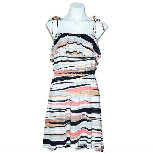 Takara Striped Ruffle Popover Tie Strap Midi Dress Pink Beach Boho Size Large - Image 2