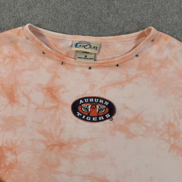 Auburn Tigers VTG LasOlas Women's S Peach Tie Dye 3/4 Sleeve T-Shirt Studded - Image 4
