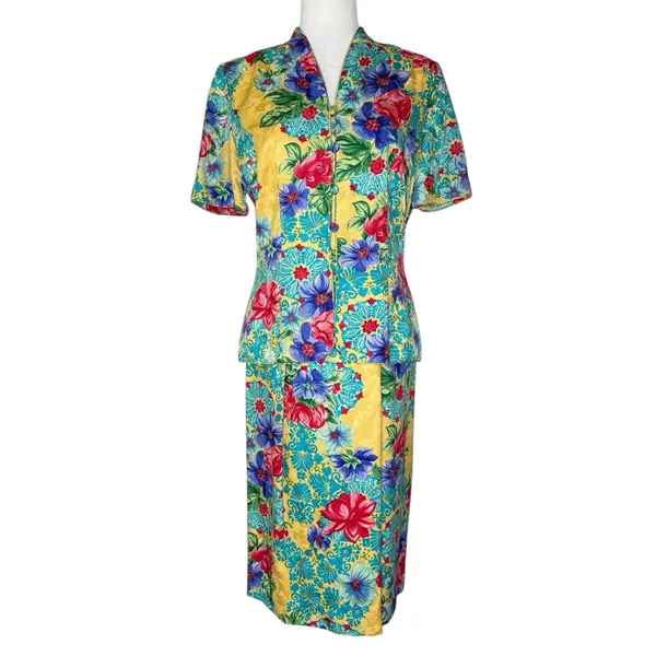 Adrianna Papell Size 6 Vintage Two Piece‎ Skirt Top Suit Set 100% Silk Floral - Image 3