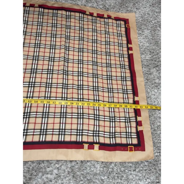 Vintage Plaid Square Scarf Tan Red Black Check Head Neck Wrap Equestrian Buckle - Image 5