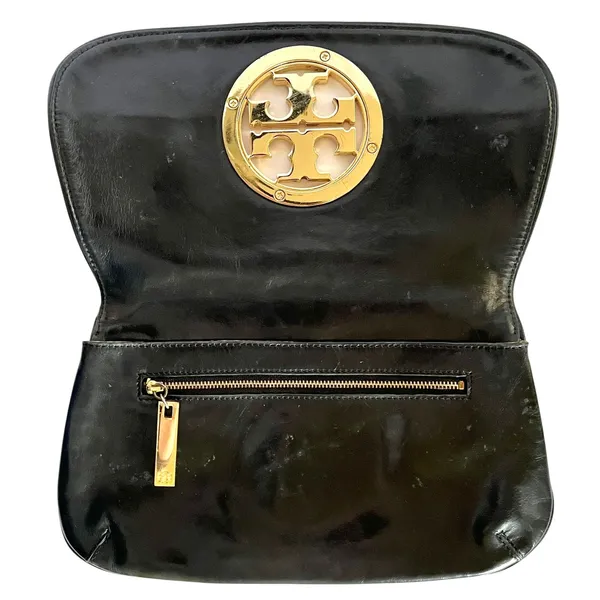 Tory Burch Black Leather Logo Clutch Handbag Evening Bag - Image 4