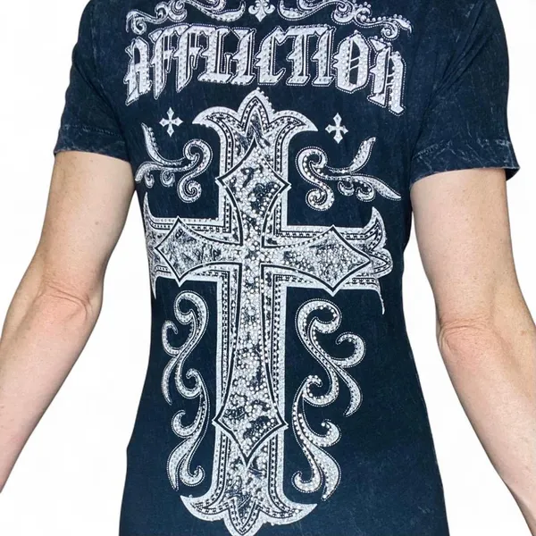 Vintage Y2K Affliction Live Fast Black Gem Rhinestone Cross Printed Tee - Image 6